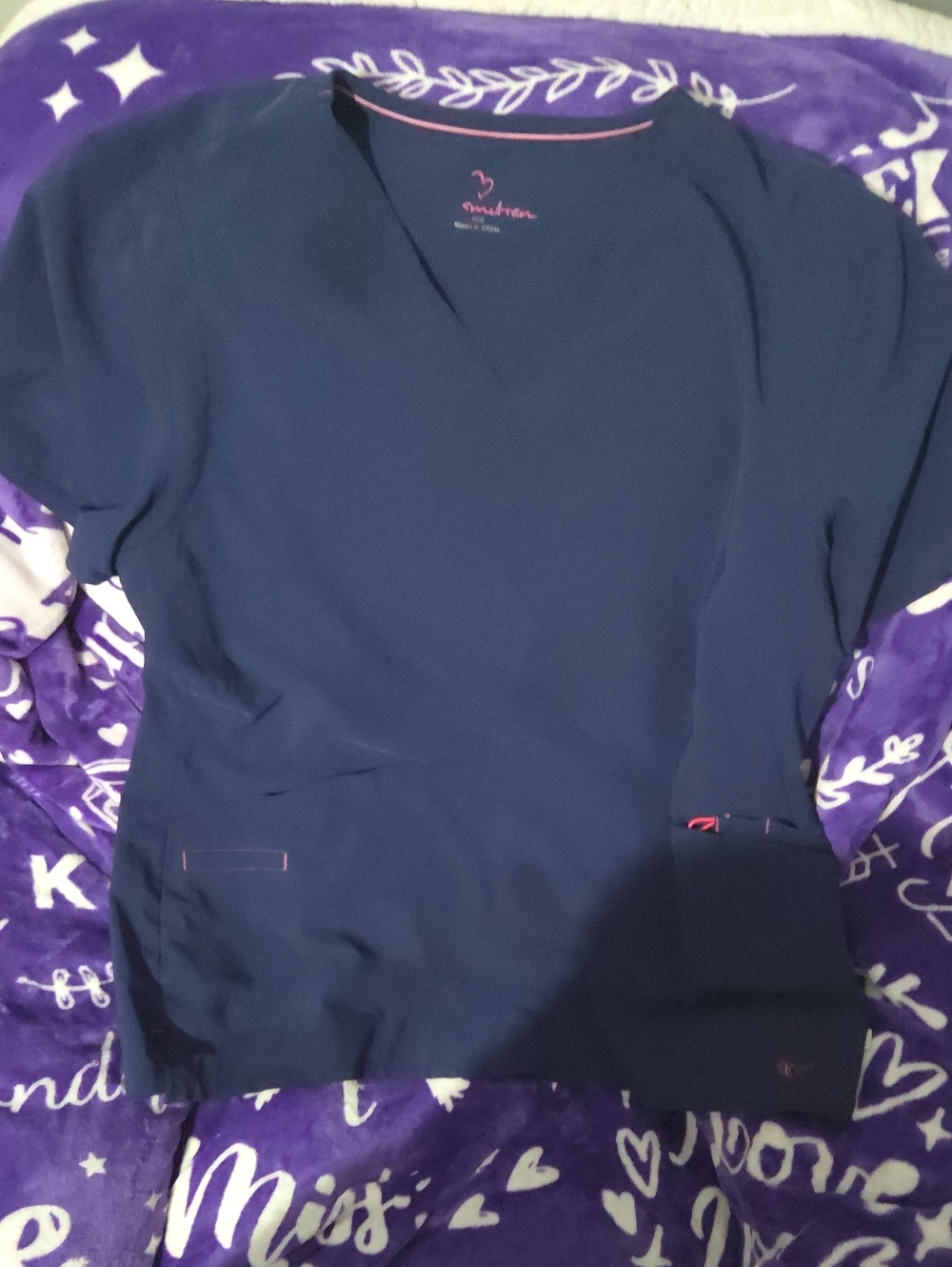 Smitten Navy Blue Scrub Top with Pink Trim